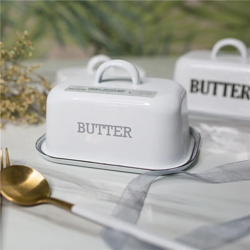 Enamel butter container box restaurant sealed storage boxs dessert tray cheese box with lid butter slicer dish tableware butter storage box