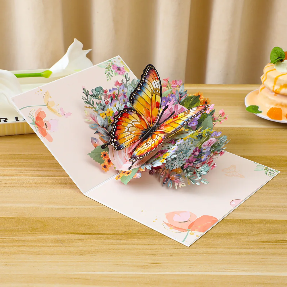 Ins Style 3D Large Butterfly Flower Folded Greeting Card Handmade Foldable Ornament Holiday Romantic Gift Christmas Wedding Card