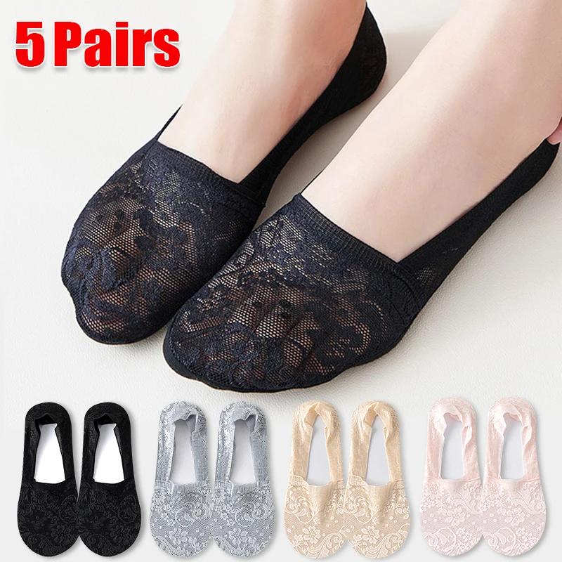 

5Pair Women Socks Summer Thin Breathable Silicone Non-slip Ladies Invisible Lace Boat Sock Fashion Home Floor Slipper Boat Sock