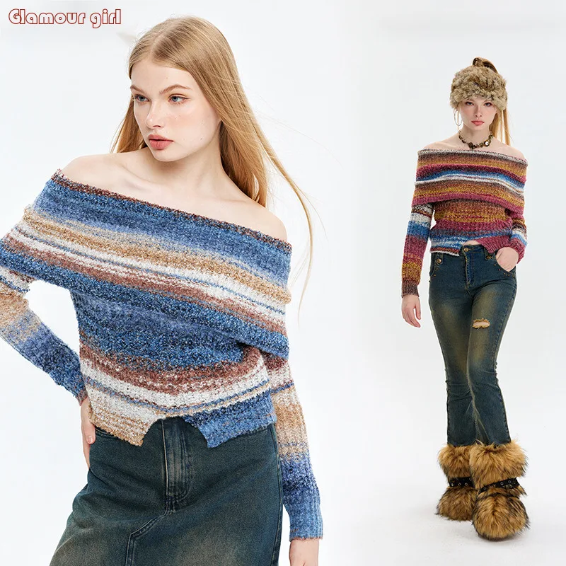 

Rainbow American Retro Spicy Girl Autumn/Winter One Line Neck Shoulder Sweater Women's Short Slim Fit Knitwear