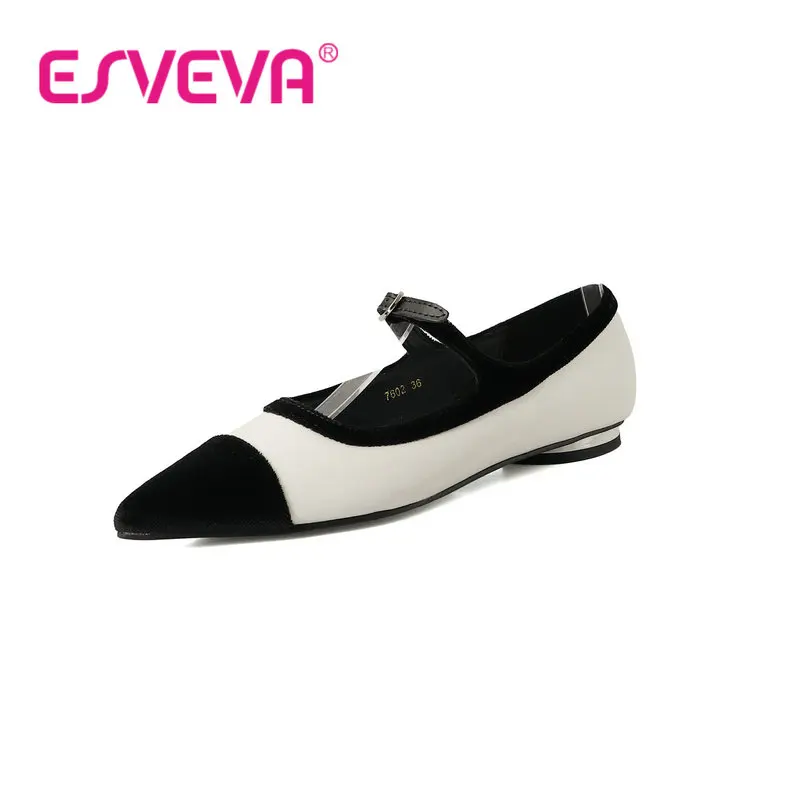 

ESVEVA 2023 Women Pumps Flat Heel Working Pointed Toe Cow Leather British Nobility Style Simple And Fashion Style Size 34-39