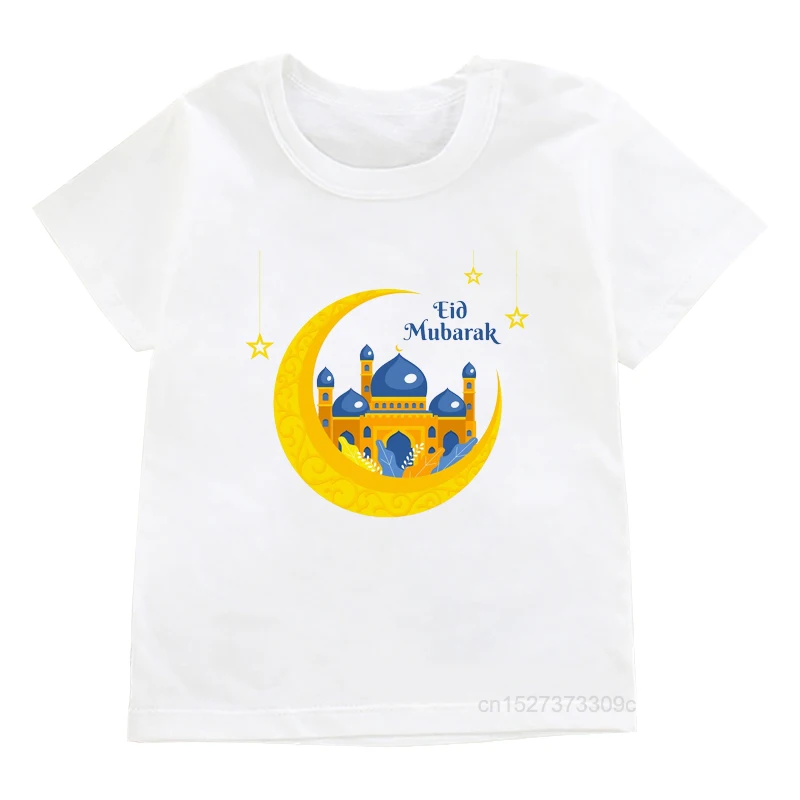 T-shirt manches courtes Happy Eid Mubarak pour enfants, garçons/filles, style musulman islamique, dessins animés, mosquées, College, été