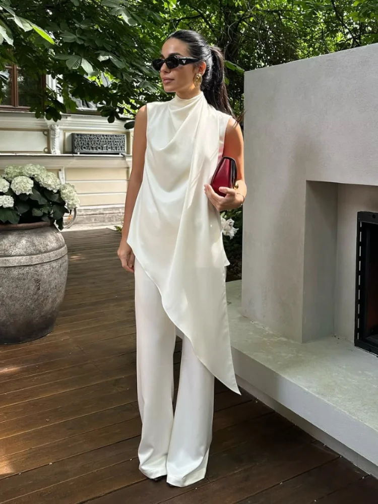 Irregular Satin Sleeveless Pleated Vest Set Women's White High Waist Wide Leg Pants Suit 2025 Summer Daily Commute Outfit New