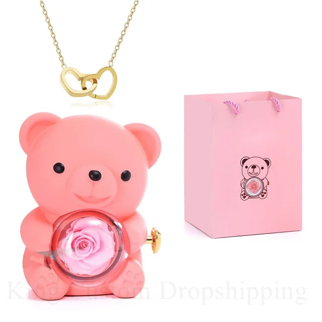 Custom Name Carved Heart-Shaped Necklace Rotating Rose Bear Jewelry Box for Family and Lover on Valentine's Day and Christmas 1