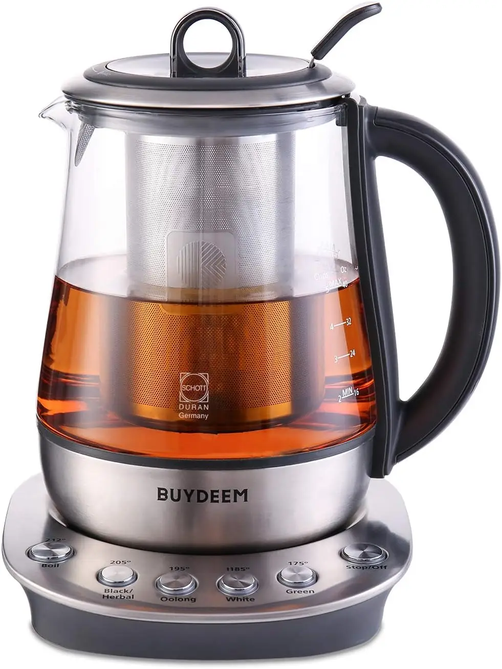 BUYDEEM Tea Maker, Durable 316 Stainless Steel & German Schott Glass Electric Kettle, Removable Infuser, Auto Keep Warm austrian and german masterworks