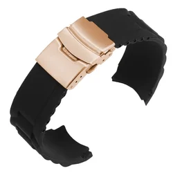 Curved Silicone Sport Watch Band with Folding Buckle - Unisex Replacement Wristband Bracelet - 18mm (Black - Rose Gold)