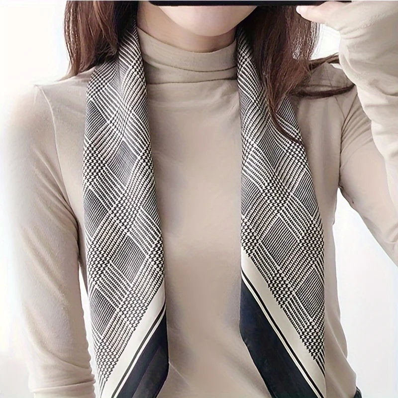 27.58" Black Gray Houndstooth Square Scarf Boho Thin Silk Feeling Neck Scarf Professional Decorative Small Scarf For Women 4