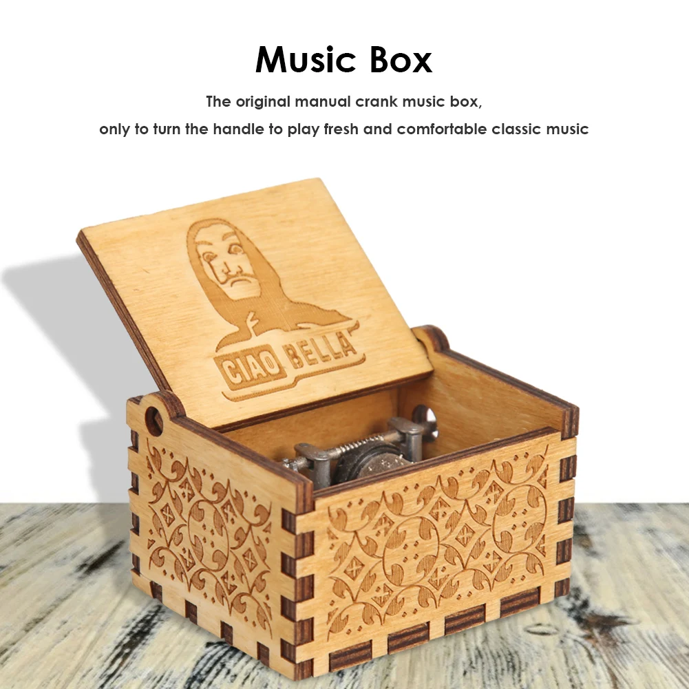 Retro Carved Wood Music Box Hand Cranked Music Box Home Decor Ciao Bella Wooden Music Box Birthday Christmas New Year Gift 3