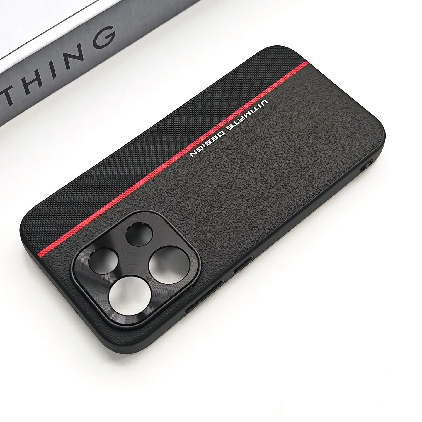 Stylish Red Line Textured PU Leather Phone Case with Metal Camera Protection and Shockproof Design