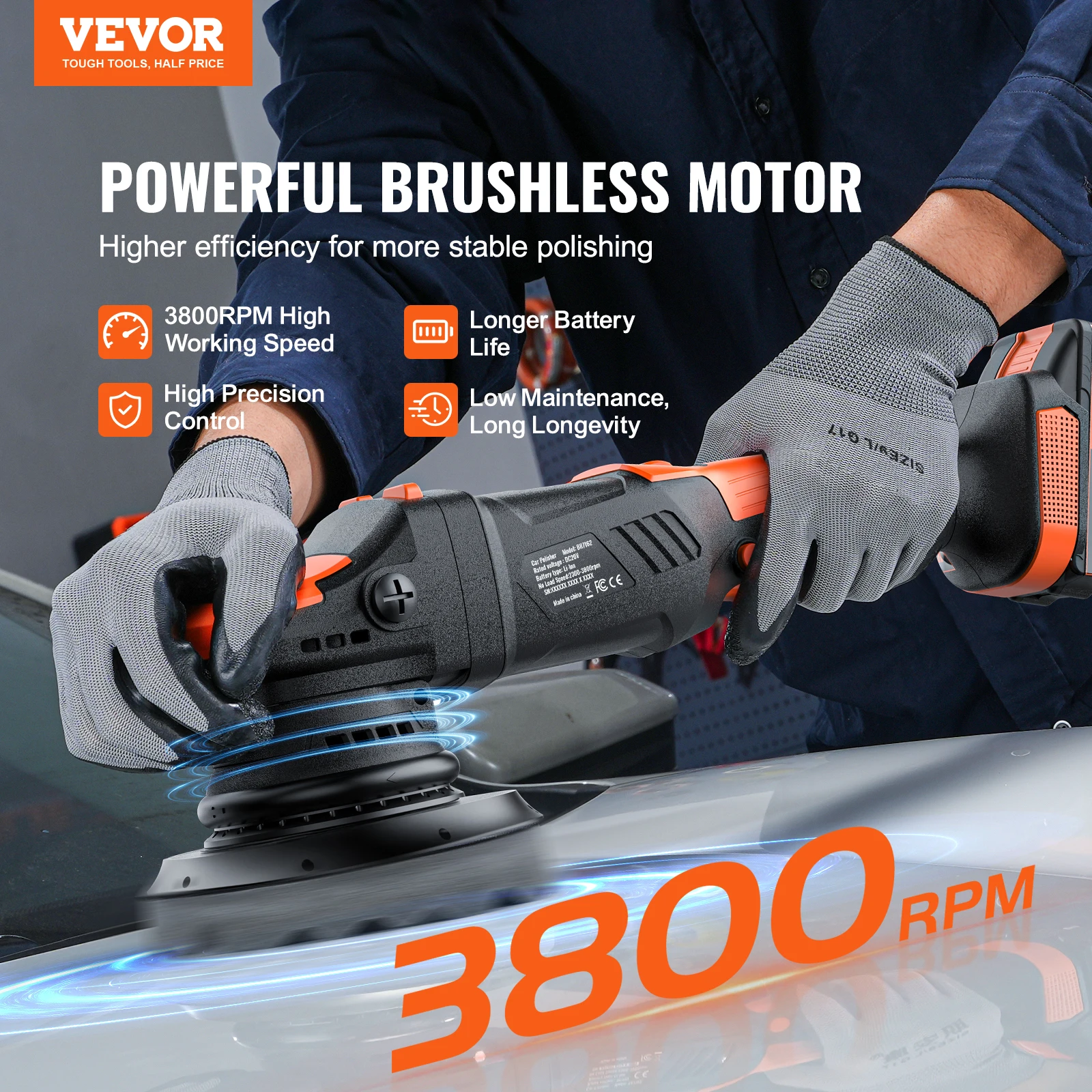 VEVOR 20V Cordless Buffer Polisher Brushless Dual Action Polisher with 4.0Ah Battery Random Orbital Kit for Car Waxing