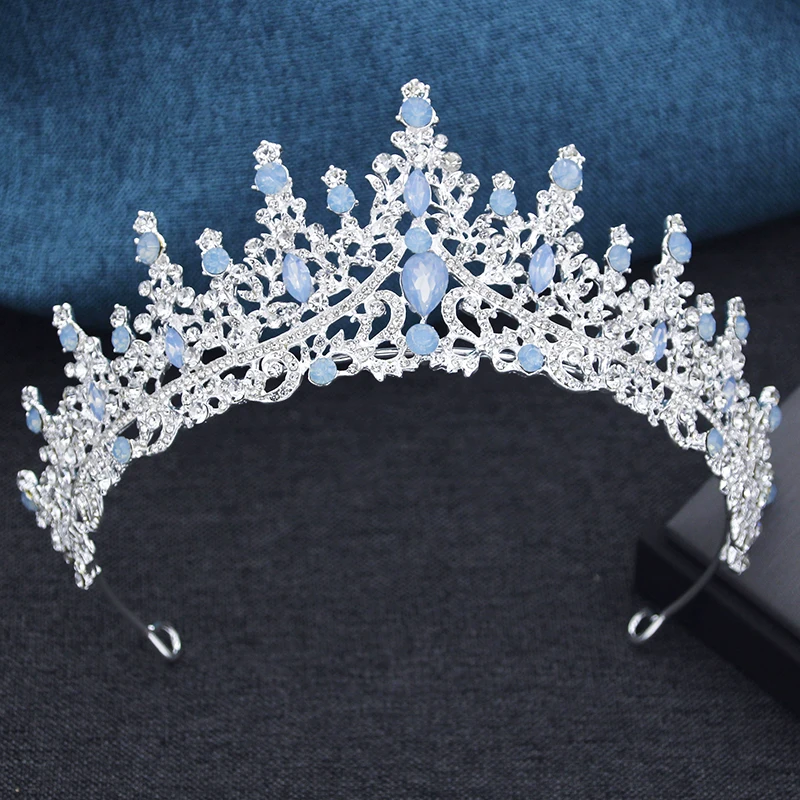 Silver Color Opal Blue Wedding Crown Jewelry sets Tiaras and Earrings necklace set For Women Princess Girls Prom Gifts