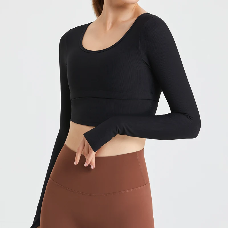 QINACTIVE Yoga suit with long sleeves chest pads new autumn winter tight fitting top T-shirt sport running training fitness suit