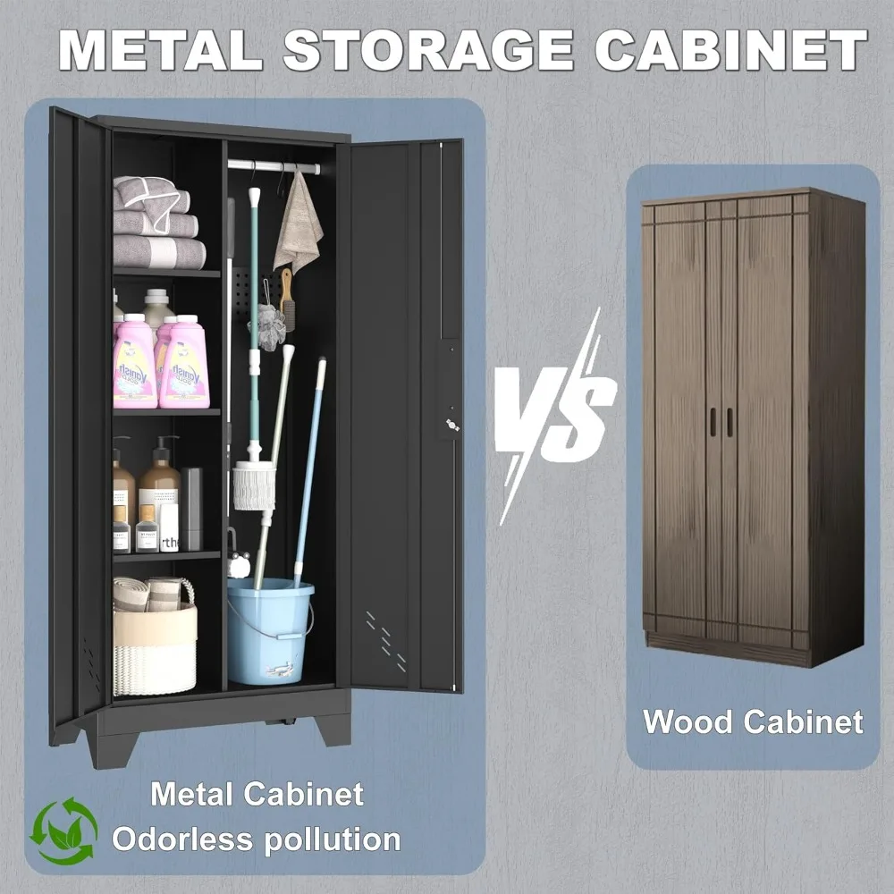 metal storage cabinet with locking doors, 61" tall garage with hanging rod, broom closet, freestanding bathroom storage cabinet,