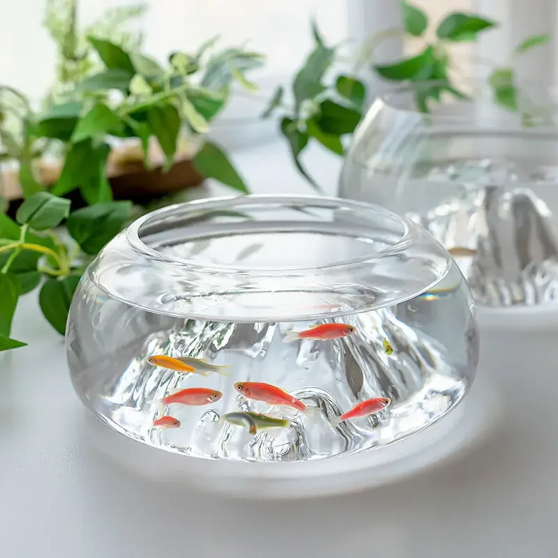 Iceberg Fish Tank Desktop Transparent Mini Living Room Home Office Thickened Creative Circular Fish Tank for Small Ornamental Fishs