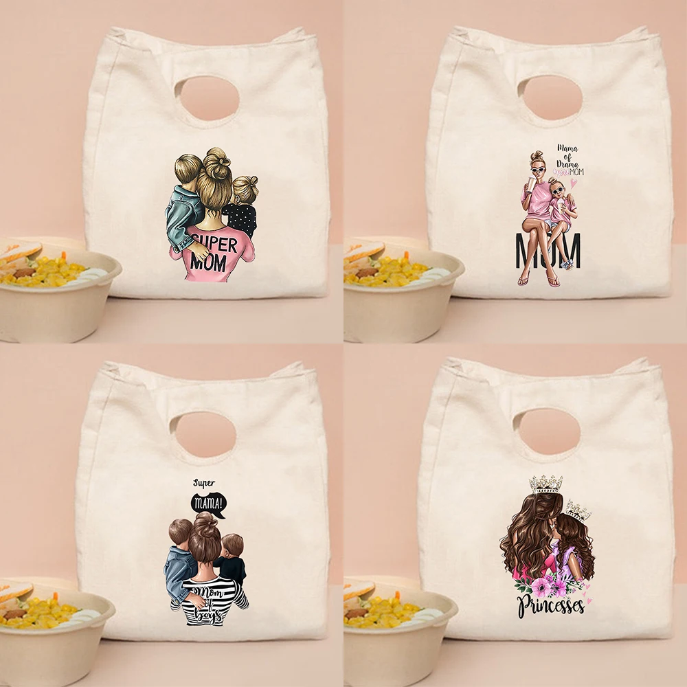 

Super Mom Cartoon Print Women Canvas Lunch Bags Cooler Totes Storage Food Container Insulation Handbags Mother's Day Present