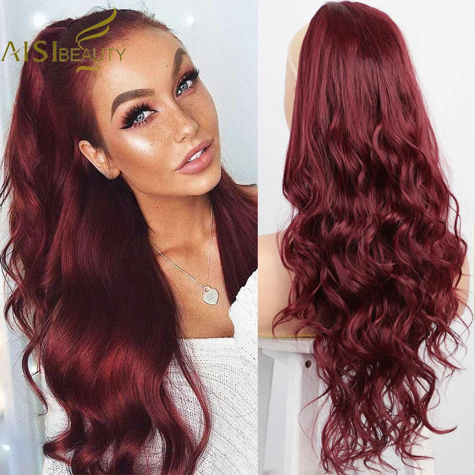 

AISI BEAUTY Synthetic Wrap Around Ponytail Red Blonde Black Hairpiece Long Body Wave Ponytail Extension for Balck White Women