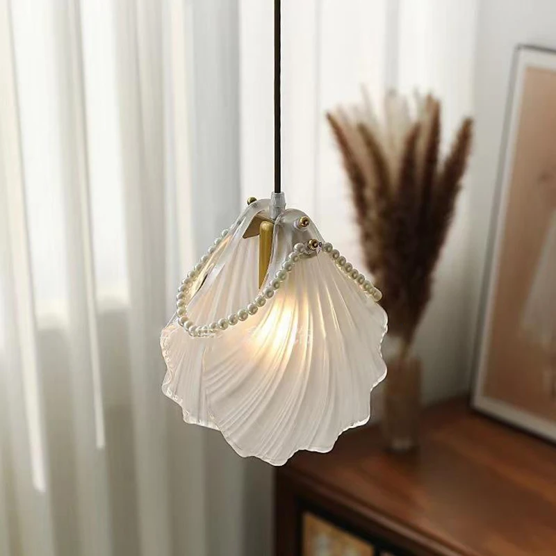 

Crystal Petal French lamp Light Retro Aisle Bedside Bar Entrance Pearl String Milky Shell Glass Pendant lamp Light