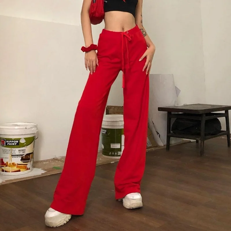 2023 New Autumn Women High Street Wide Leg Slim Soft Pants Fashion Red Harajuku Casual Solid Loose Bottoms Pants Femme Mujer Y2k