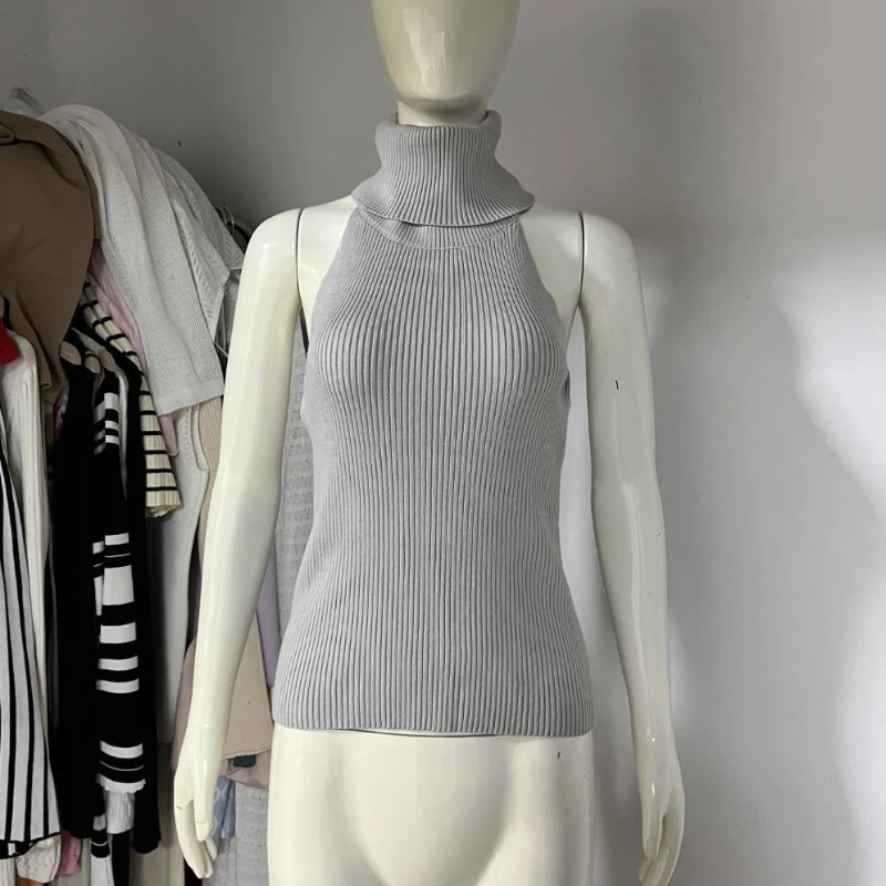 Knit Tank Top Sets For Women Fashion High Neck Vest And Long Sleeve Shawl 2 Piece Suits Sexy Backless Knitwear Top Femme