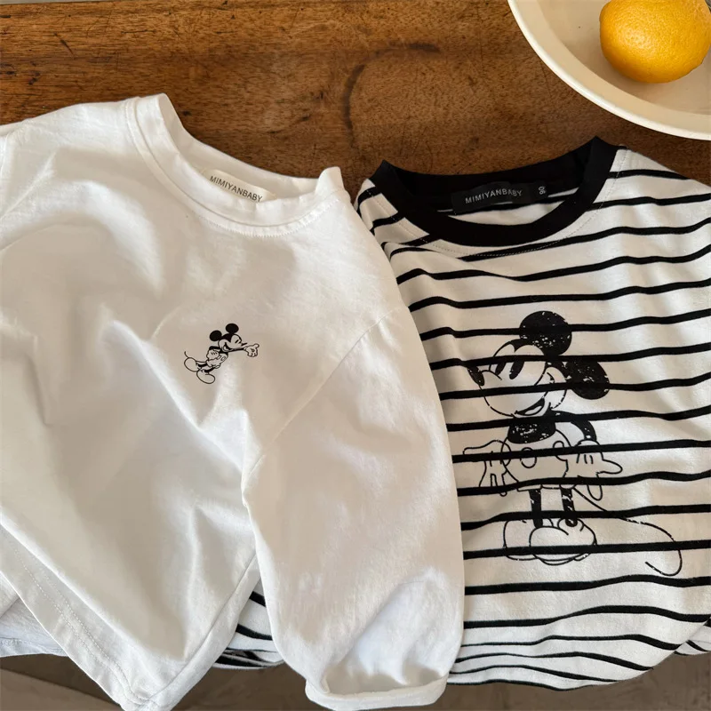 Kids Long-sleeved Shirts for Spring Casual Stripe Tops For Boys Girls Mickey Print Round Neck Base Shirt Baby Cute Fashion Top