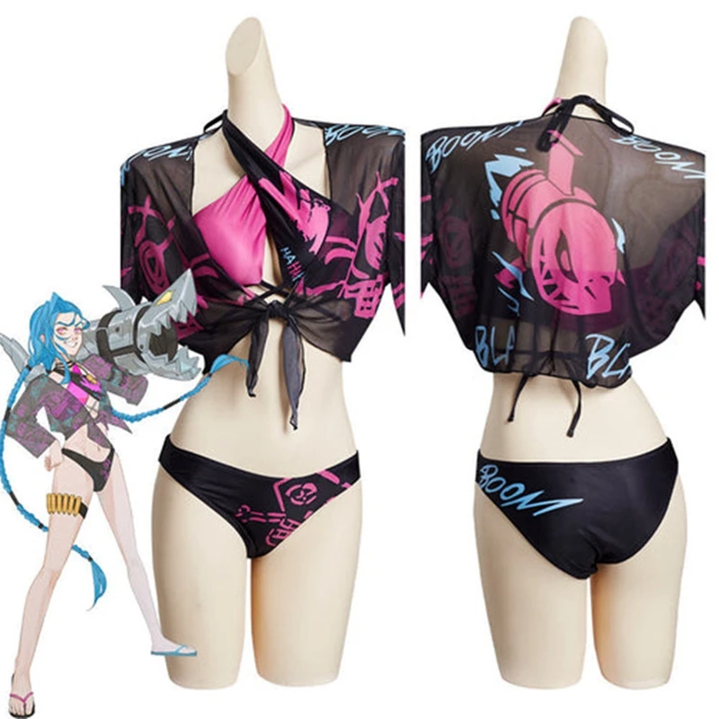 

Anime LOL Arcane Cosplay Game Jinx Bikini Summer Swimsuit Halloween Girls Costumes Beach Party Sexy Bra Shorts Shawl HD Print
