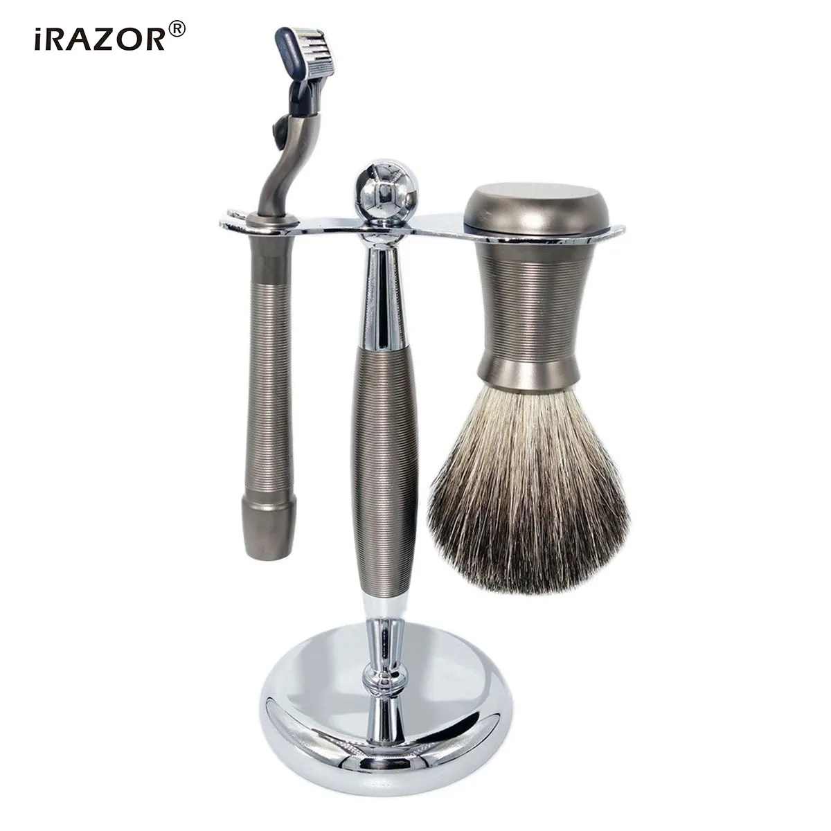 

iRAZOR New Professional Mach 3 3-Edge Razor Blade Gentlemen Shaving Kit Barber Grooming Tool with Gunmetal Grey Handle for Men