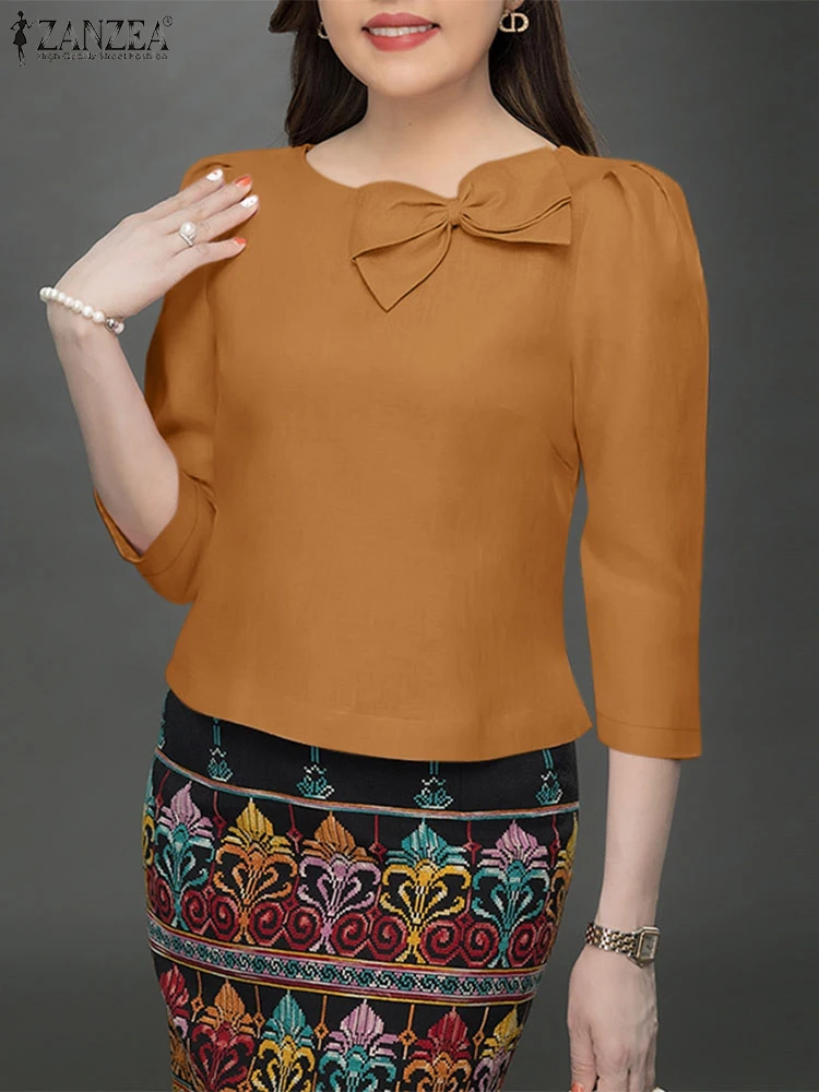 Polyester Elegant Blouse for Women with 3/4 Sleeve and Bowtie