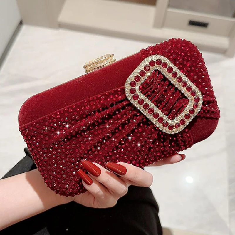 Elegant Soft Velour Women Evening Handbag Glitter Rhinestone Beads - Main Image