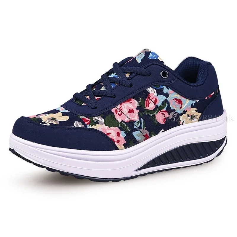 Women Breathable Toning Shoes Flower Printed Comfortable Thick Soles Swing Shoes Platform Wedge Slimming Sneakers sports shoes
