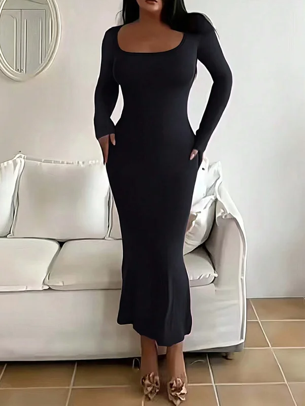 Women' Solid Long Sleeve Bodycon Dress, Chic Basic