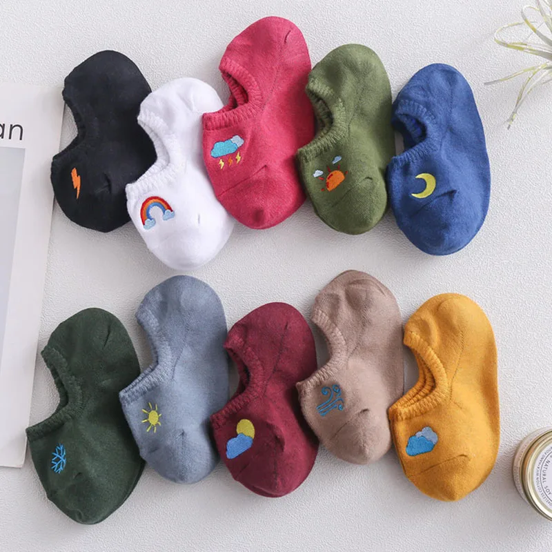 

1 Pair Women's Summer Cute Invisible Socks Combed Cotton Embroidered Weather Pattern Kawaii Fashion Silicone Boat Socks