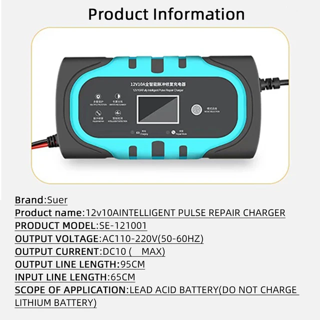 Kaufe 12V 10A Vollautomatisches Auto-Motorrad-Moto-Batterieladegerät 110V  bis 220V Schnelles Power-Puls-Reparaturladen für nasse trockene Bleisäure  mit LCD-Display