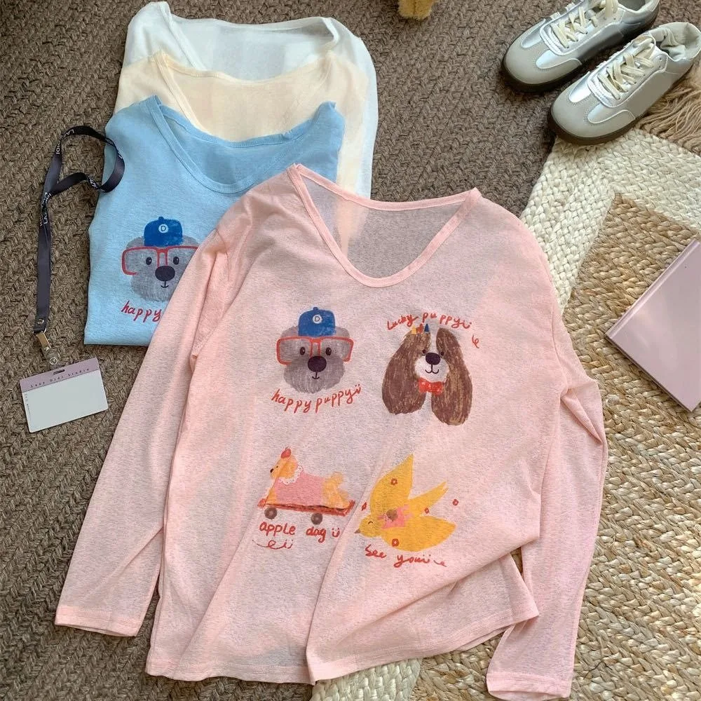 Thin Dog Print Graphic T-shirt Sunscreen Cartoon Cartoon Animal Long Sleeved Top Harajuku Ins Round Neck Oversized T-shirt Women