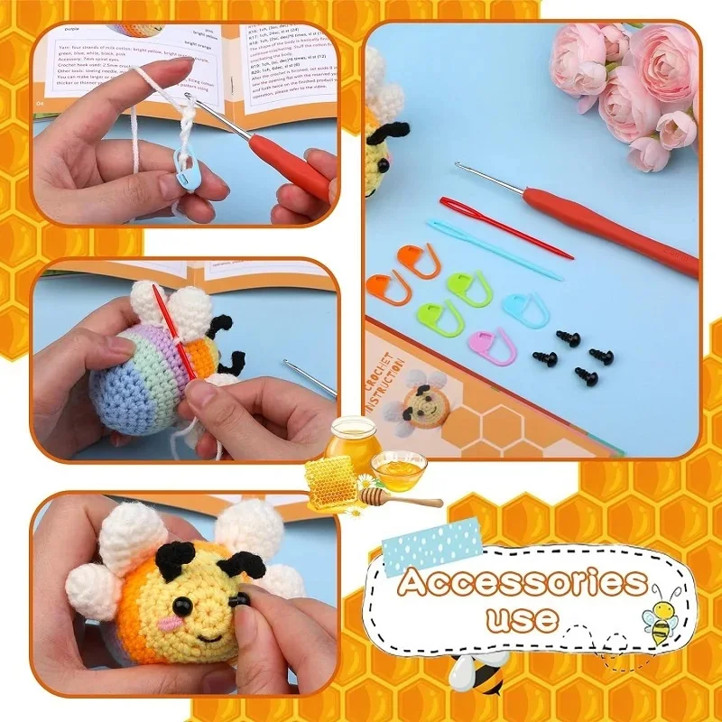 Crochet Kit for Beginners With Video Tutorial Cotton Knitting Yarn Thread Plastic Needles Hooks Knit Tool Set KRABALL Little Bee