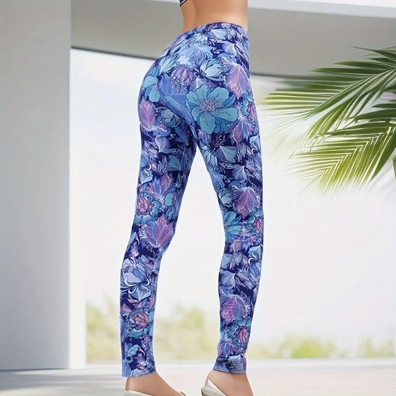 PD319 Blue Petal Flower Leggings Outdoor Sports Cropped Stretch Pants 1