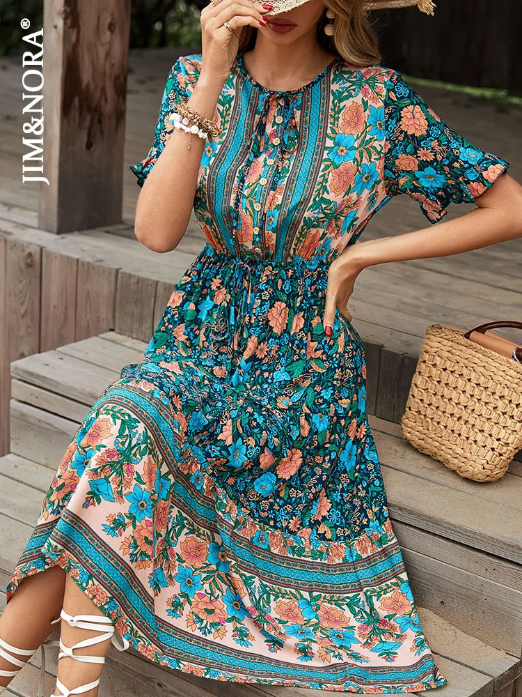 Vestido Bohemio Para Mujer, Estampado De Verano, Cuello Redondo, Maxi Vestidos Para Mujer, Casual, Elegante, Estampado De Fiesta, Vestido De Verano, Blanco
