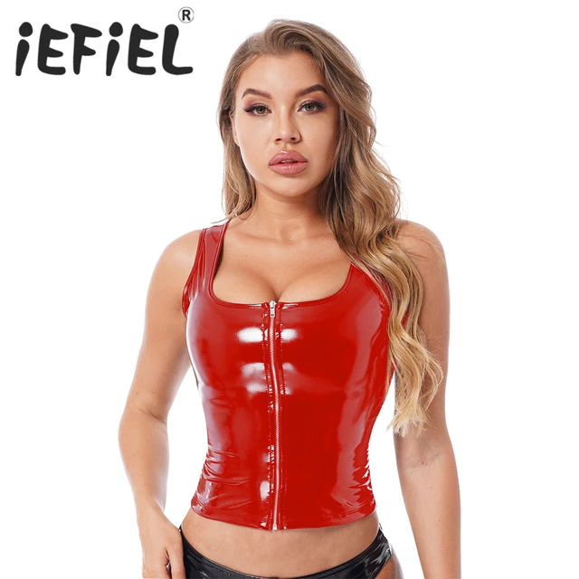 Women PVC Leather Tank Top Pants Wet Look Shiny Punk Tops Tight Party  Clubwear