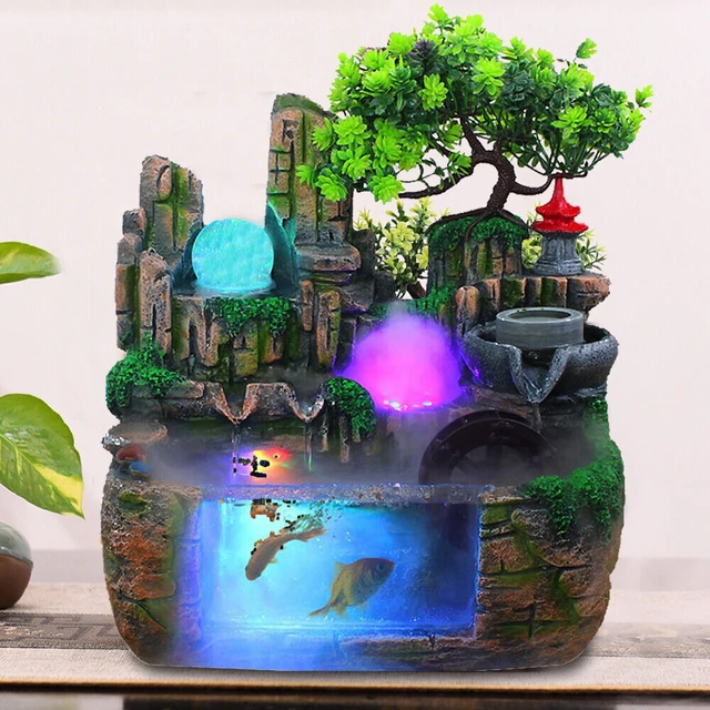  hanxiaoyishop - Fuente de agua decorativa para manualidades,  fuente de escritorio, para interiores, pequeña cascada, resina, rocosa,  pecera, decoración del hogar, regalos con atomizador fuentes de agua para  interiores (talla 