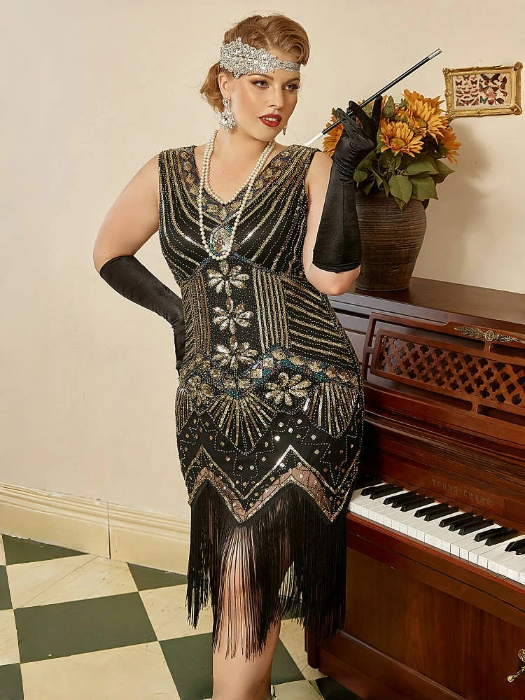 IMEKIS Great Gatsby-jurk voor dames, jaren '20, mouwloos, V-hals, pailletten, kralen, franjes, vintage cocktailjurk, avondfeestjurken, Zwart Goud, M