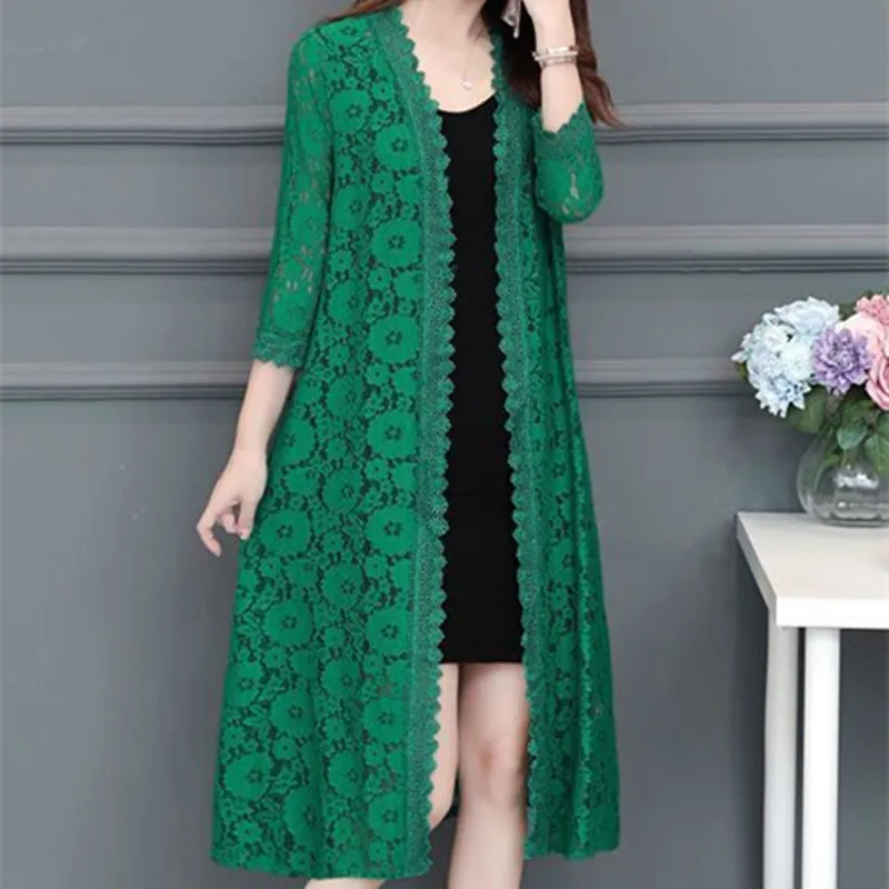 Women Lace Cardigan Mid-length Mesh Shawl Loose Over-the-knee Shirt  Outerwear | eBay