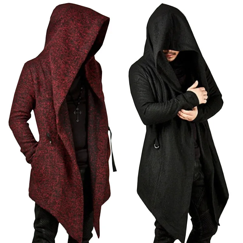 Unisex Fashion Hoodies Cardigan Solid Pocket Loose Trench Jacket Men Casual Open Stitch Gothic Hooded Long Cloak Cape Coat trench coat,casual men jacket
