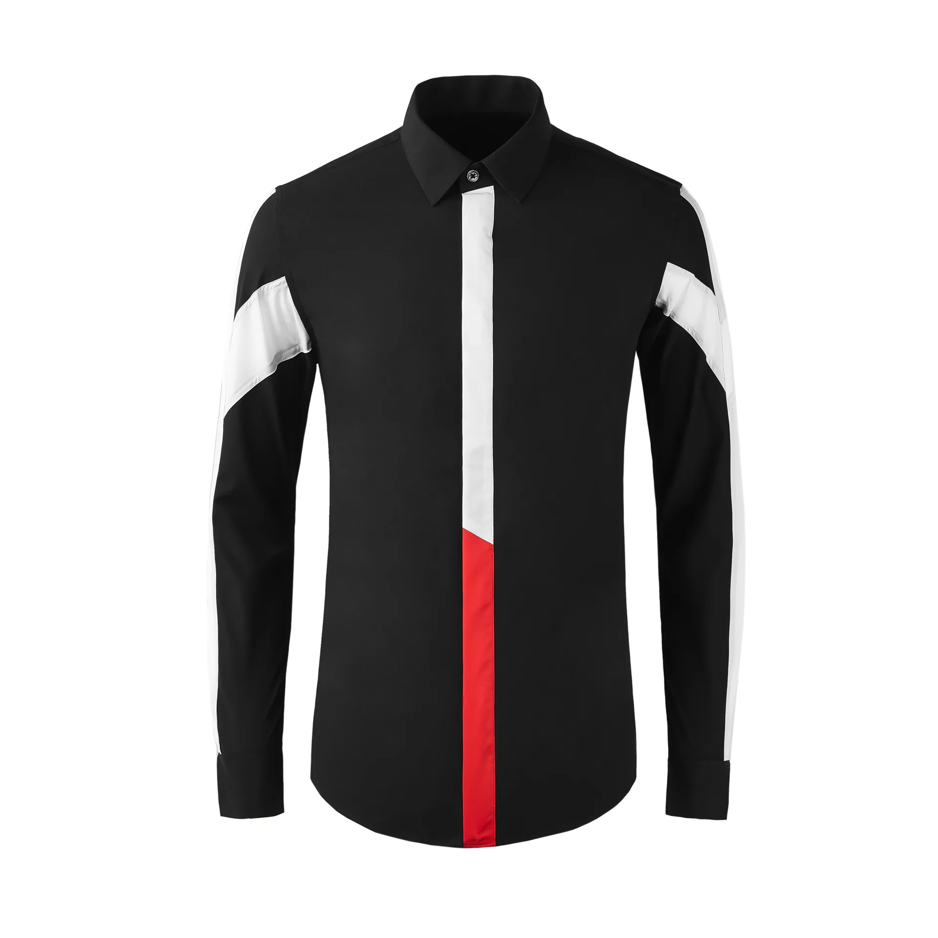 

Autumn and winter patchwork red contrasting men's shirts with slim fitting elements, trendy and fashionable men's clothing