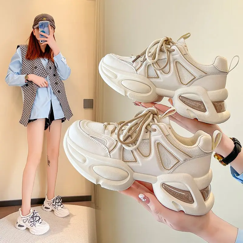 

2023 New Mesh Sneakers Women Thick Sole Flat Daddy Shoes Height Increasing Lace Up Platform Women's Sports Vulcanize Q313