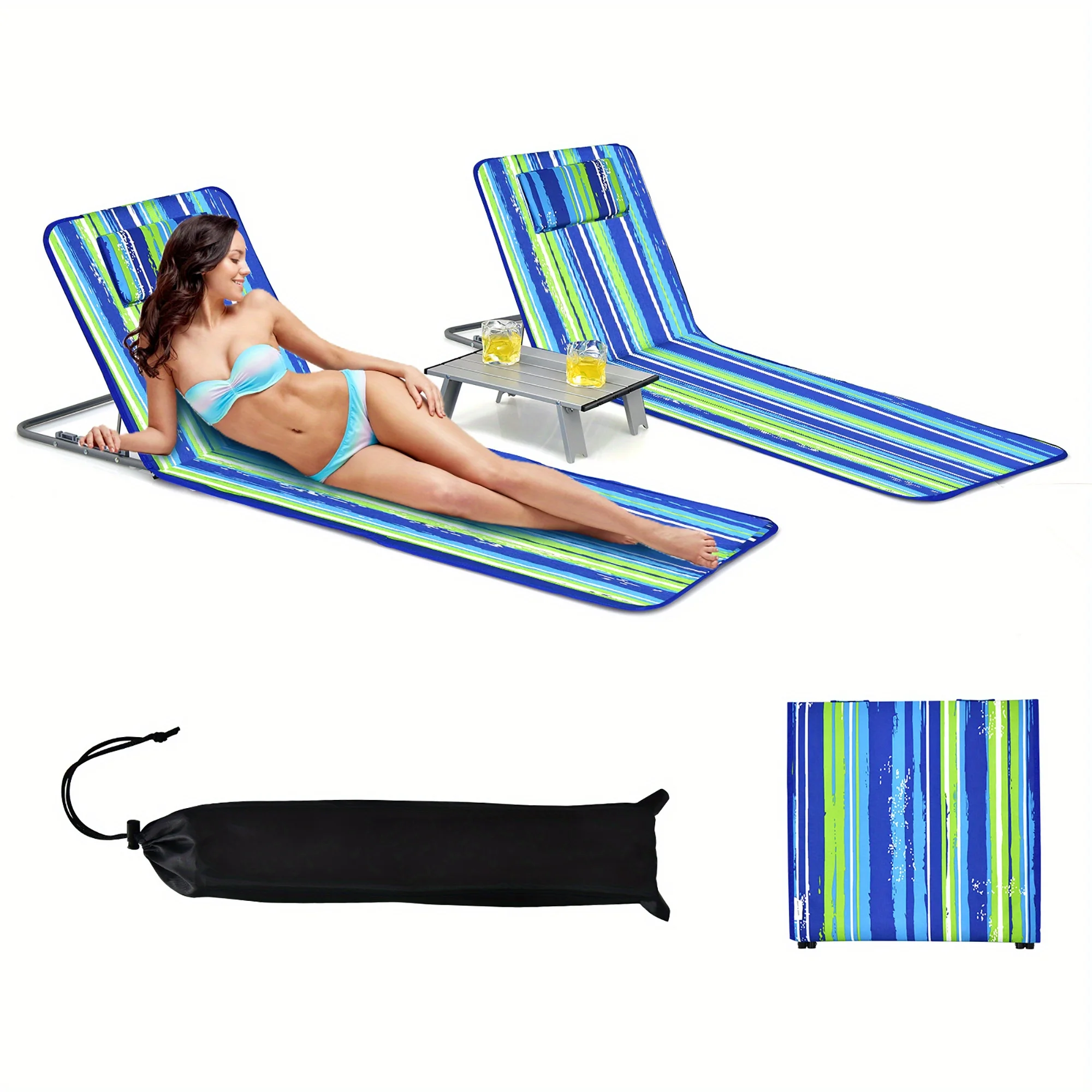 Lounge Chair Mat Set - Adjustable Chairs with Sunbathing Table, Striped Style for Ultimate Relaxation 3