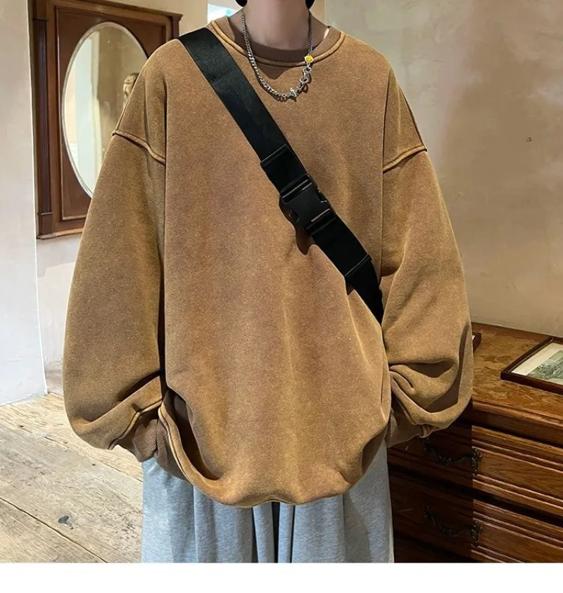 

Washed Old Pullovers Sweatshirts Men Loose Solid Color Women Autumn Overszied Korean O Neck Tops Hip Hop Y2k Baggy Sweatshirt