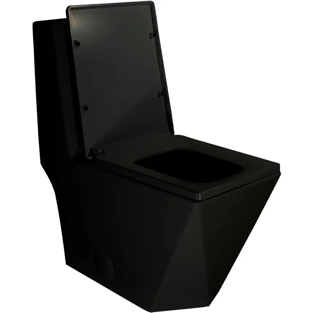 Square One Piece Toilet Black With Gold Button For Modern Bathroom, Diamond-Shaped Sleek Design Elonagted Rectangle Glossy Black 4
