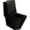 Square One Piece Toilet Black With Gold Button For Modern Bathroom, Diamond-Shaped Sleek Design Elonagted Rectangle Glossy Black 4