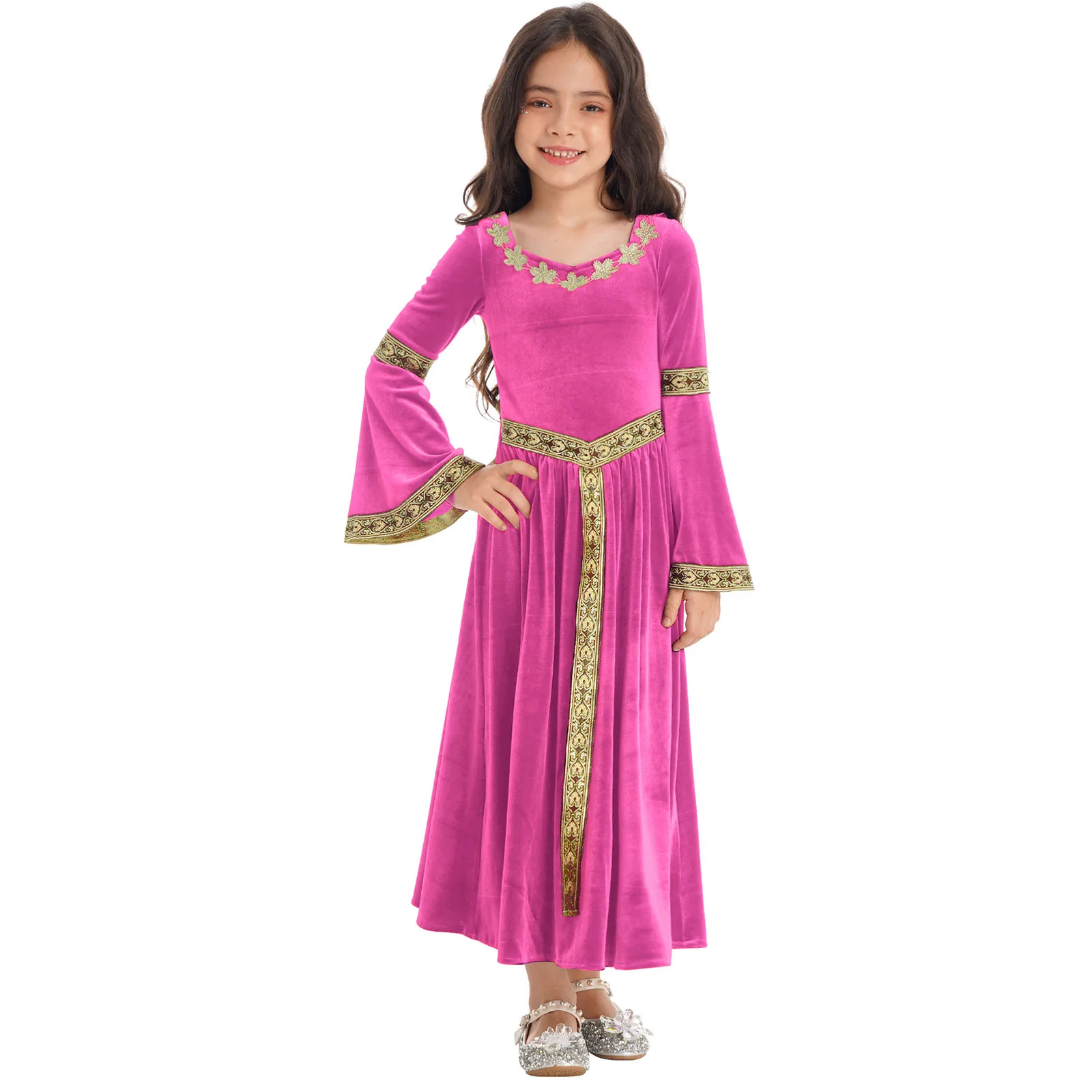 Kids Girls Medieval Princess Queen Velvet Dresses Performance Dancewear for Christmas Halloween Carnival Party Dress Up Costume