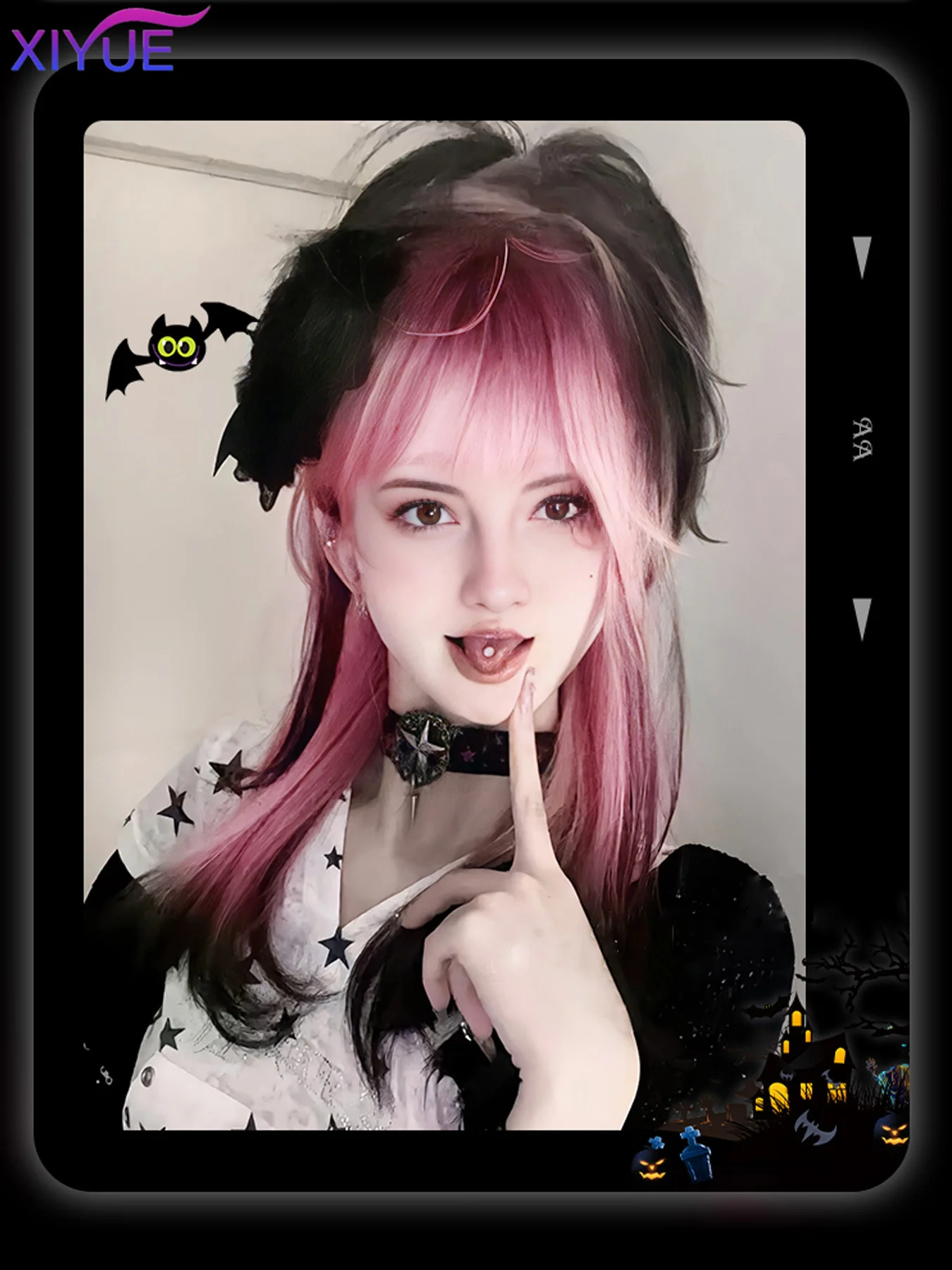 Black Pink Ombre Synthetic Wigs For Cosplay Long Wavy Layered Wigs With Bangs For Women Heat Resistant Fake Hair