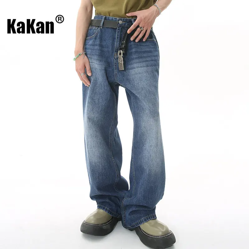 Kakan - New Korean Version Loose Fitting Wide Leg Mop Jeans for Men, Popular Blue Long Jeans for Youth K50-483